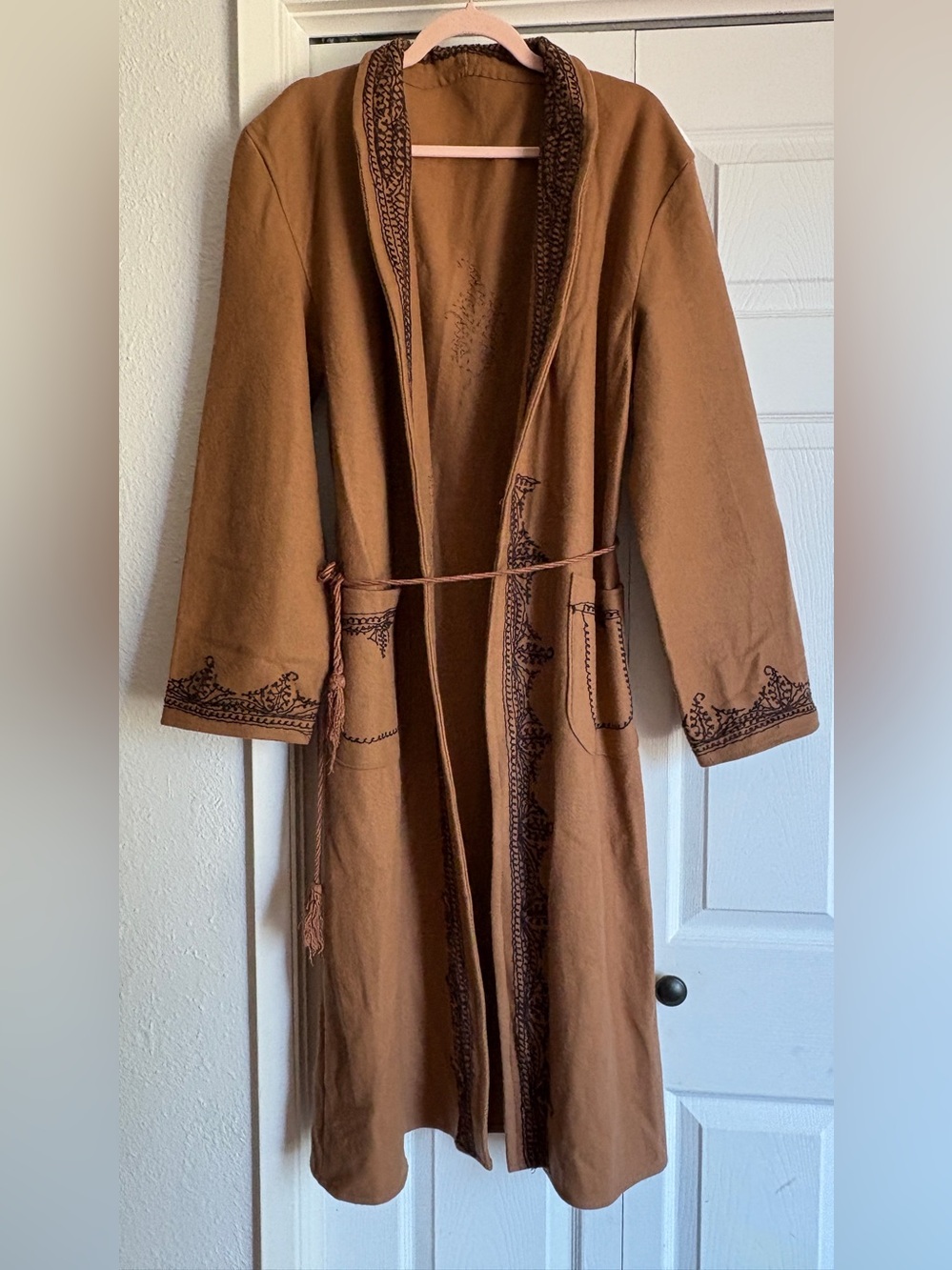 Vintage Camel Brown Embroidered Kashmiri Gown Open-Front Long Coat